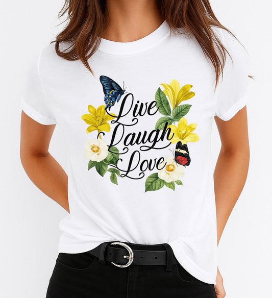 Tricou Alb Dama din Bumbac 100% - Love Laugh Love