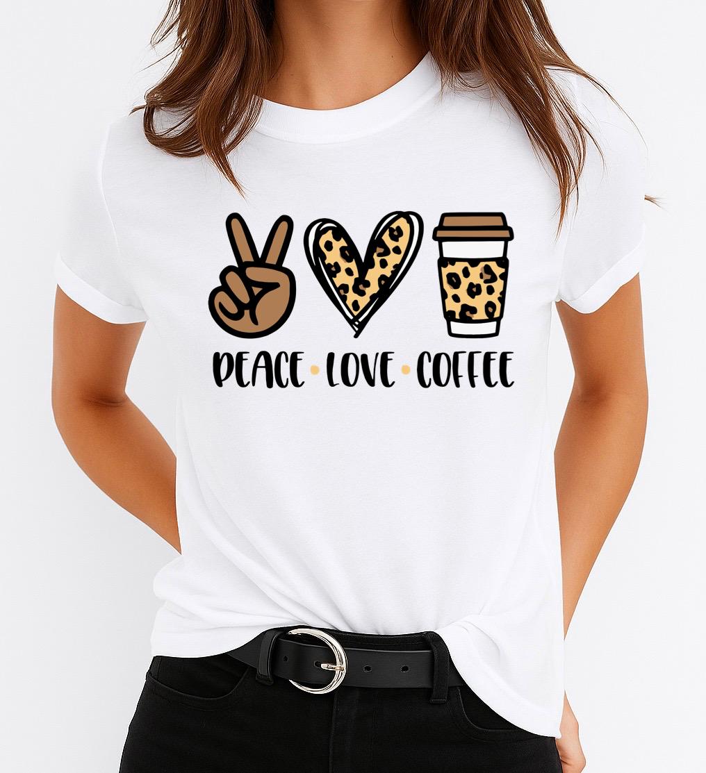 Tricou Alb Dama din Bumbac 100% - Peace Love Coffee 2 - MonCherie