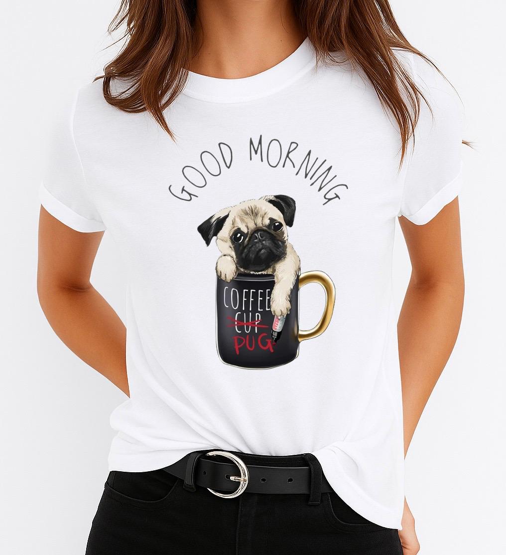 Tricou Alb Dama din Bumbac 100% - Good Morning 2 - MonCherie