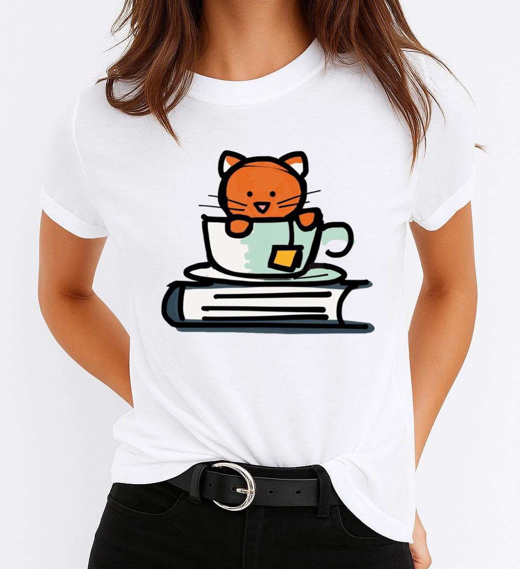 Tricou Alb Dama din Bumbac 100% - Coffee and Book - MonCherie