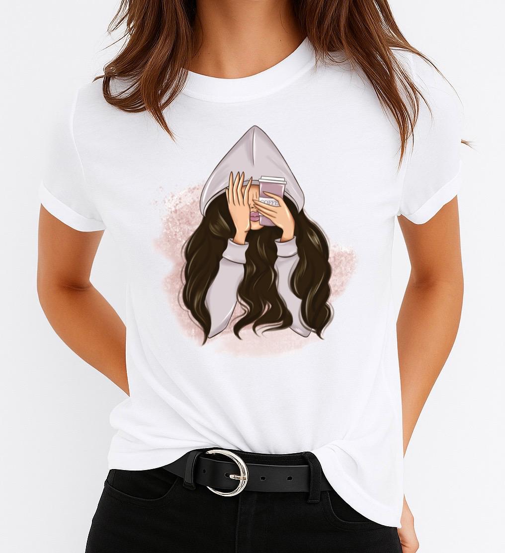 Tricou Alb Dama din Bumbac 100% - Pink Coffee - MonCherie