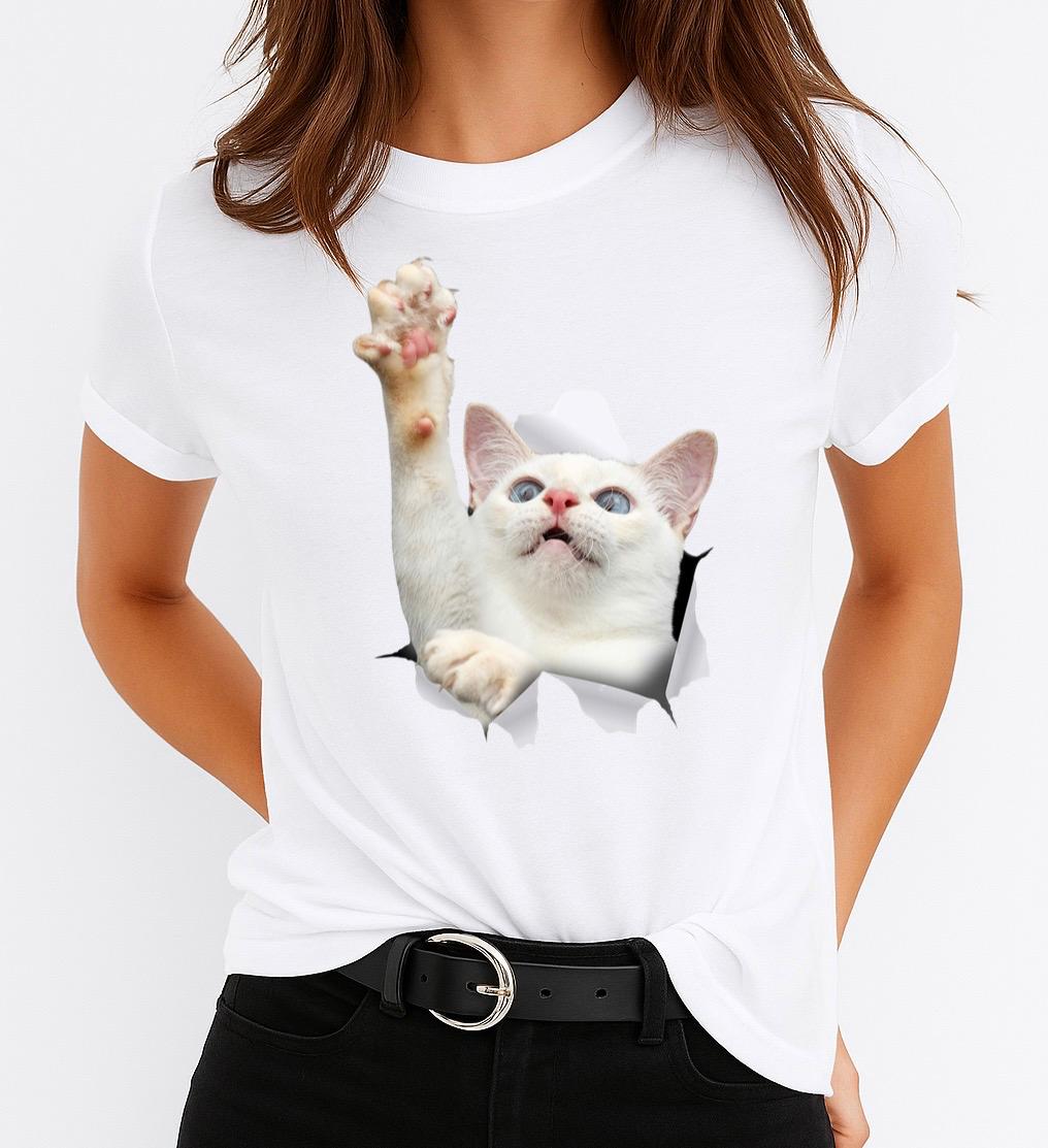Tricou Alb Dama din Bumbac 100% - White Cat