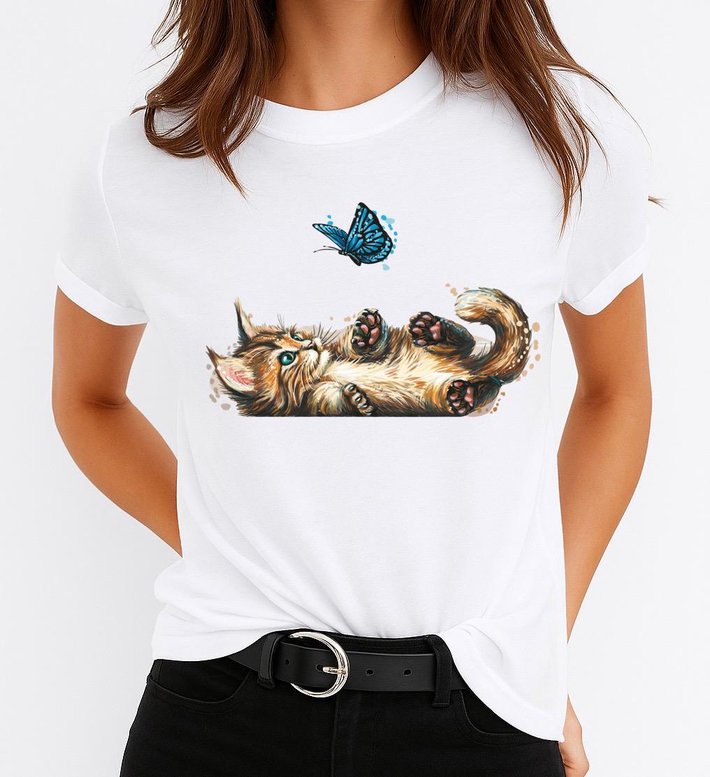 Tricou dama din bumbac 100% Cat And Butterfly