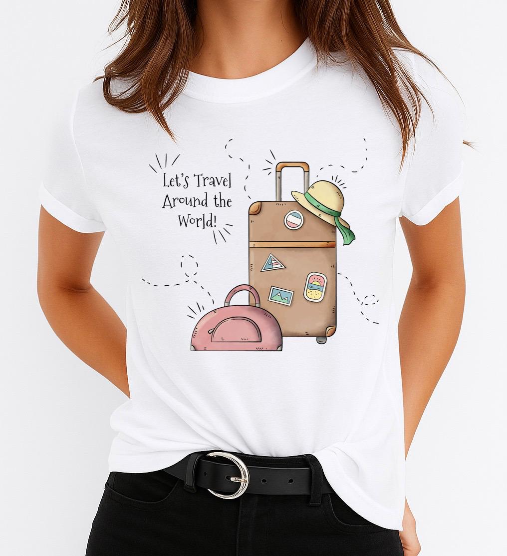 Tricou Alb Dama din Bumbac 100% - Let's Travel - MonCherie