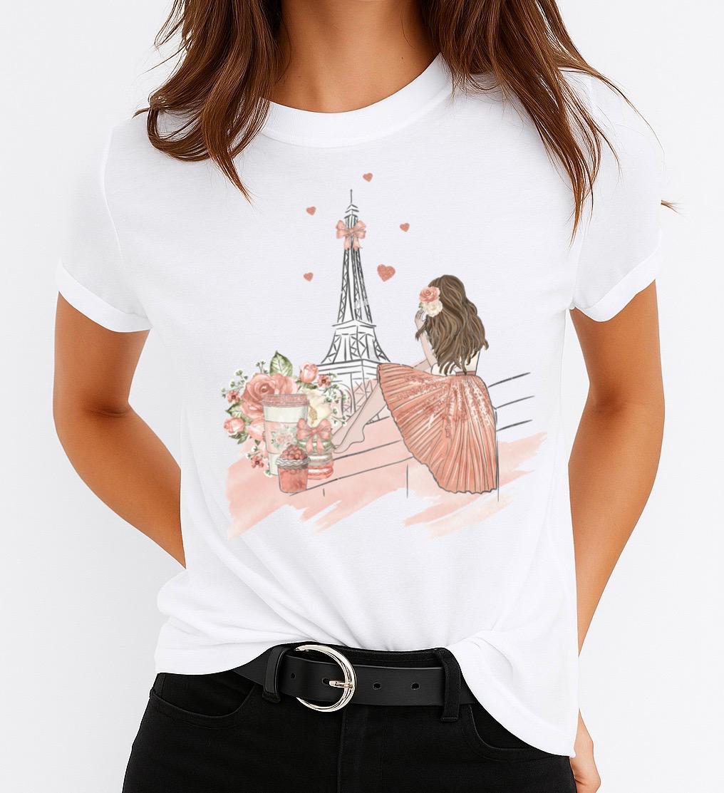 Tricou Alb Dama din Bumbac 100% - Paris Love 6 - MonCherie