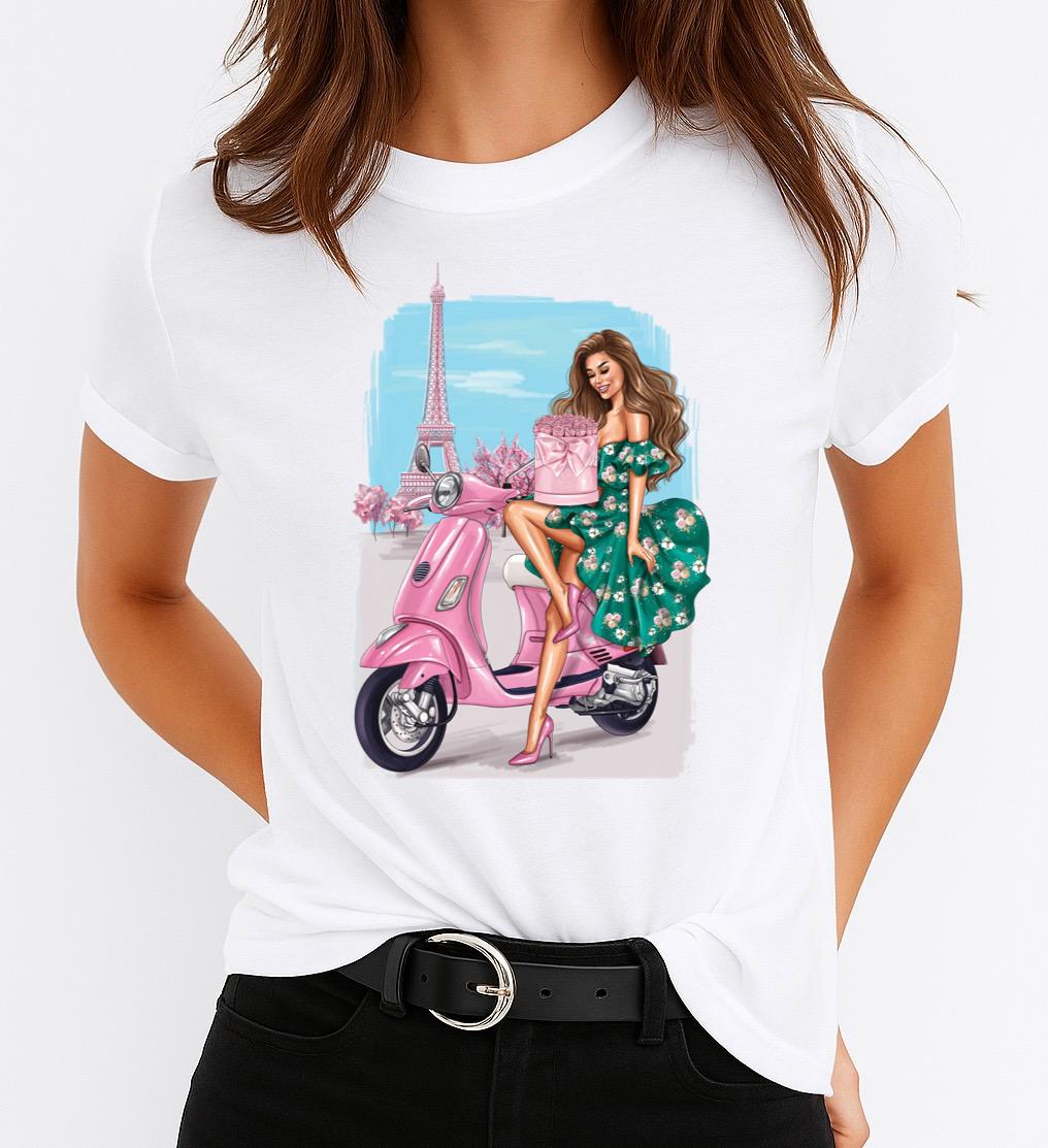 Tricou Alb Dama din Bumbac 100% - Pink Paris - MonCherie