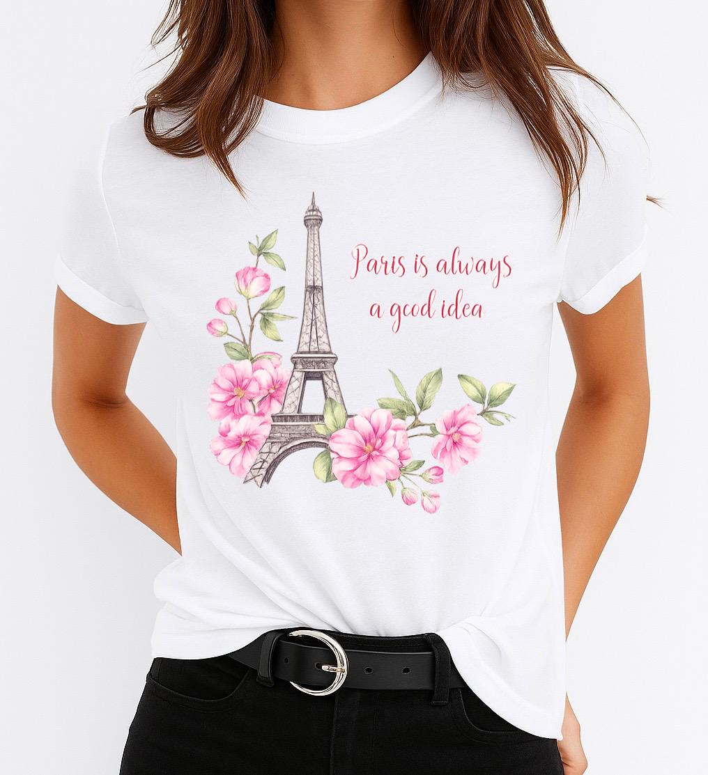 Tricou Alb Dama din Bumbac 100% - Paris Always - MonCherie