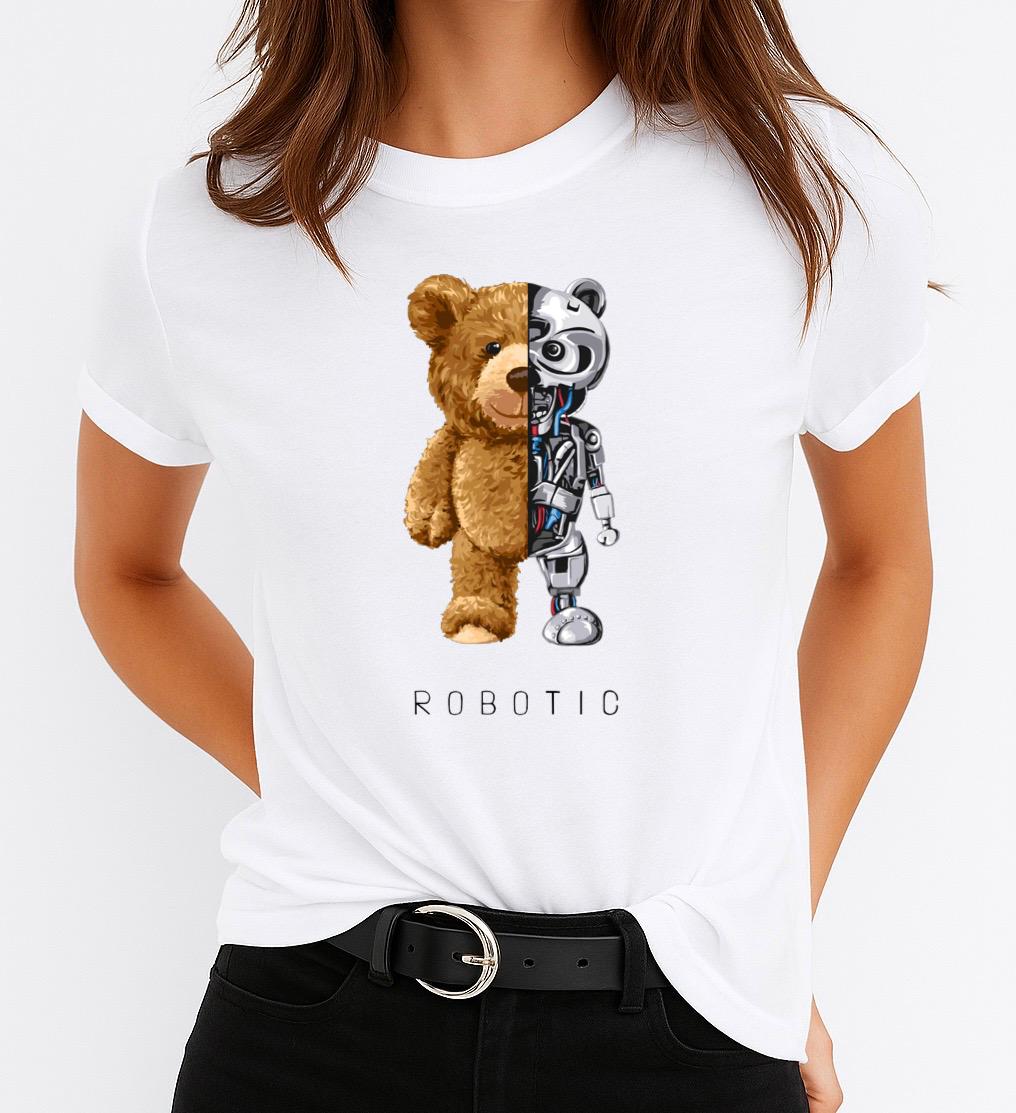 Tricou Alb Dama din Bumbac 100% - Robotic