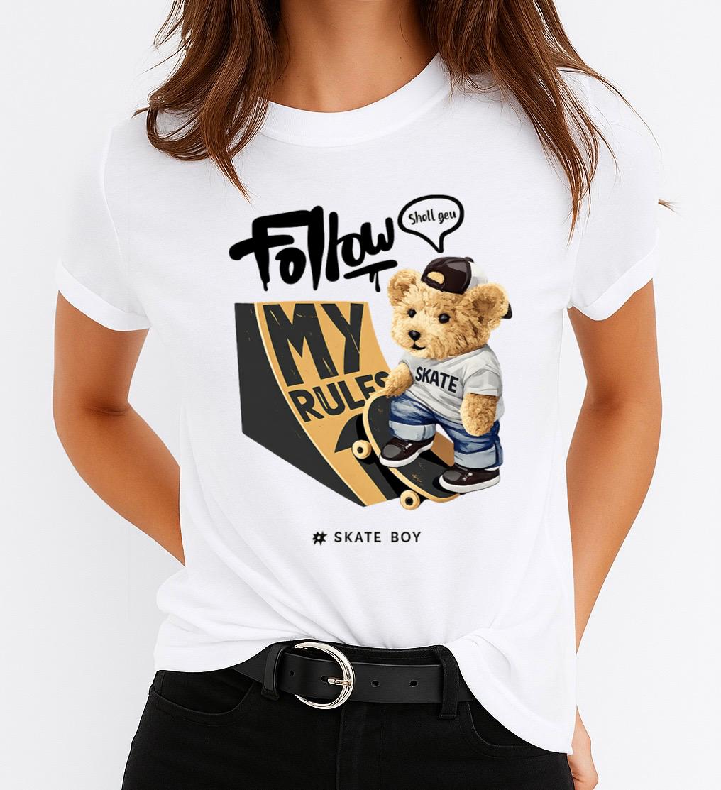 Tricou Alb Dama din Bumbac 100% - Skate Boy