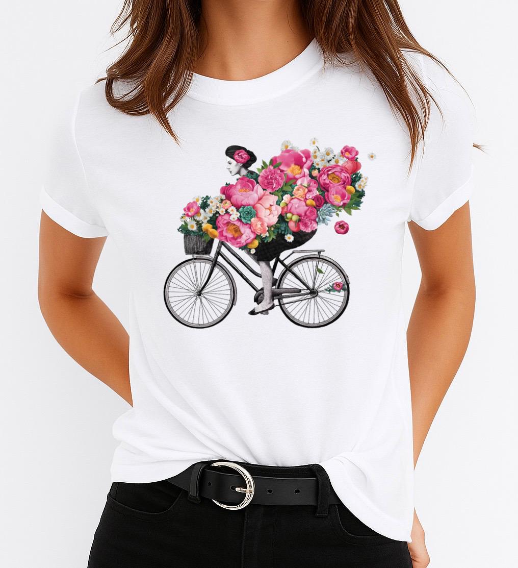 Tricou Dama Bicicleta cu Flori – Bumbac 100%
