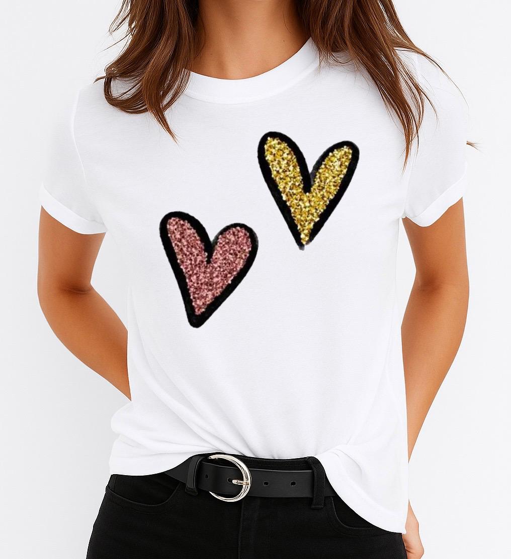 Tricou Alb Dama din Bumbac 100% - 2 Hearts