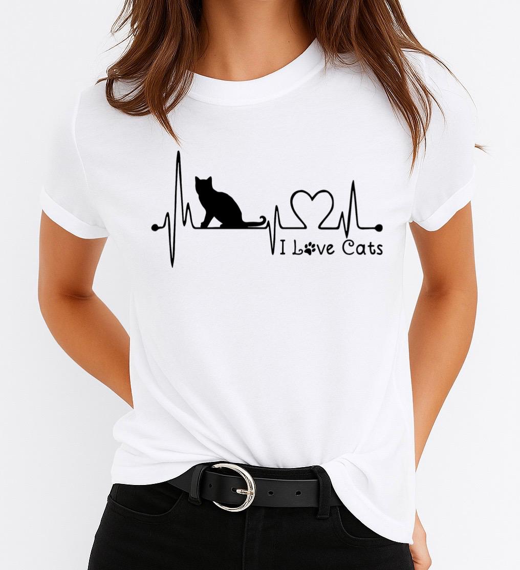 Tricou Alb Dama din Bumbac 100% - I Love Cats