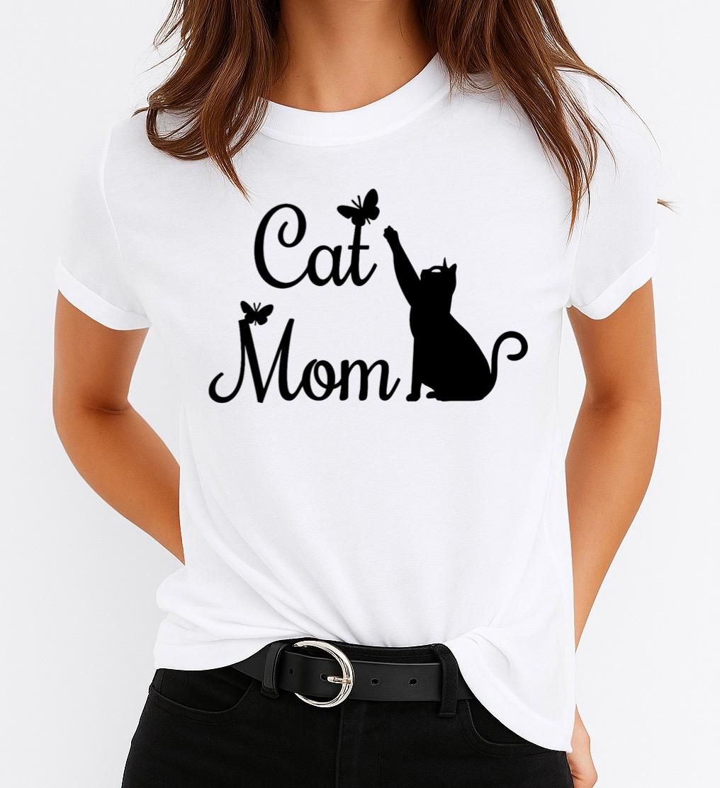Tricou Alb Dama din Bumbac 100% - Cat Mom