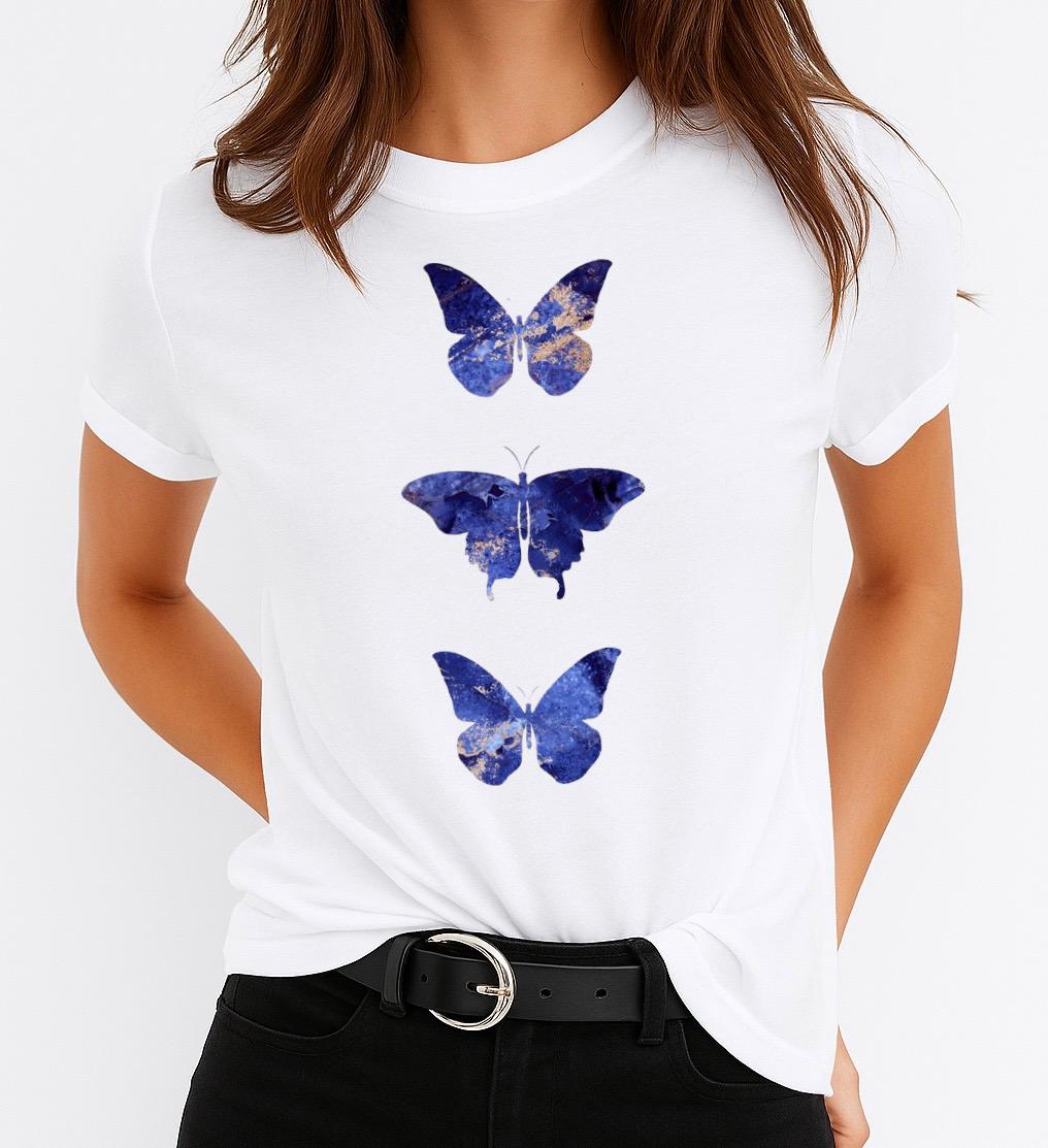 Tricou Alb Dama din Bumbac 100% - 3 Blue Butterflies