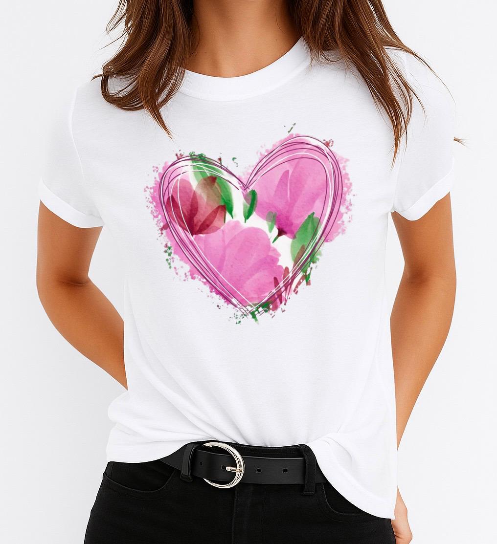 Tricou Alb Dama din Bumbac 100% - Roz Heart