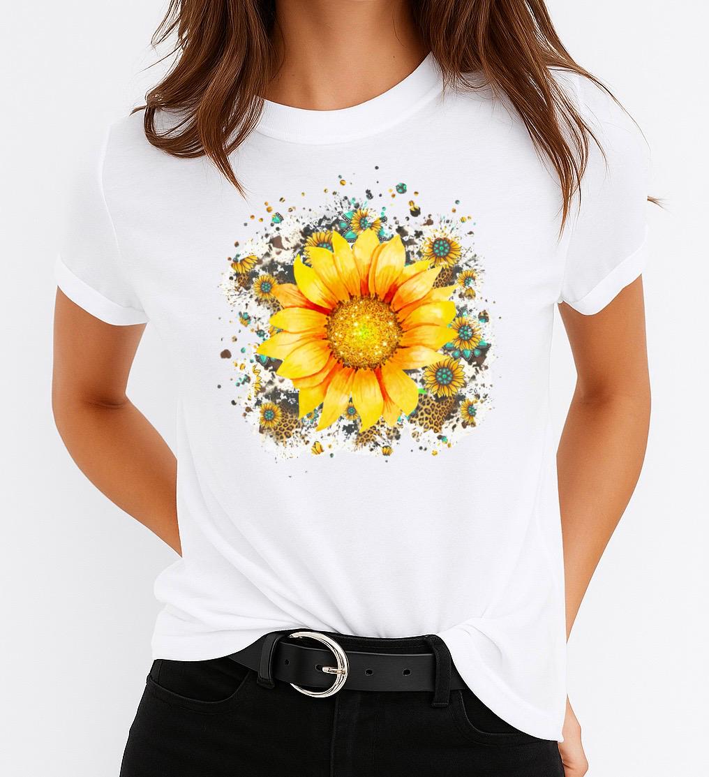 Tricou Alb Dama din Bumbac 100% - Yellow Flower