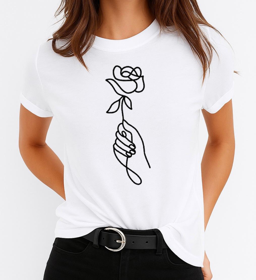 Tricou Alb Dama din Bumbac 100% - Black Flower