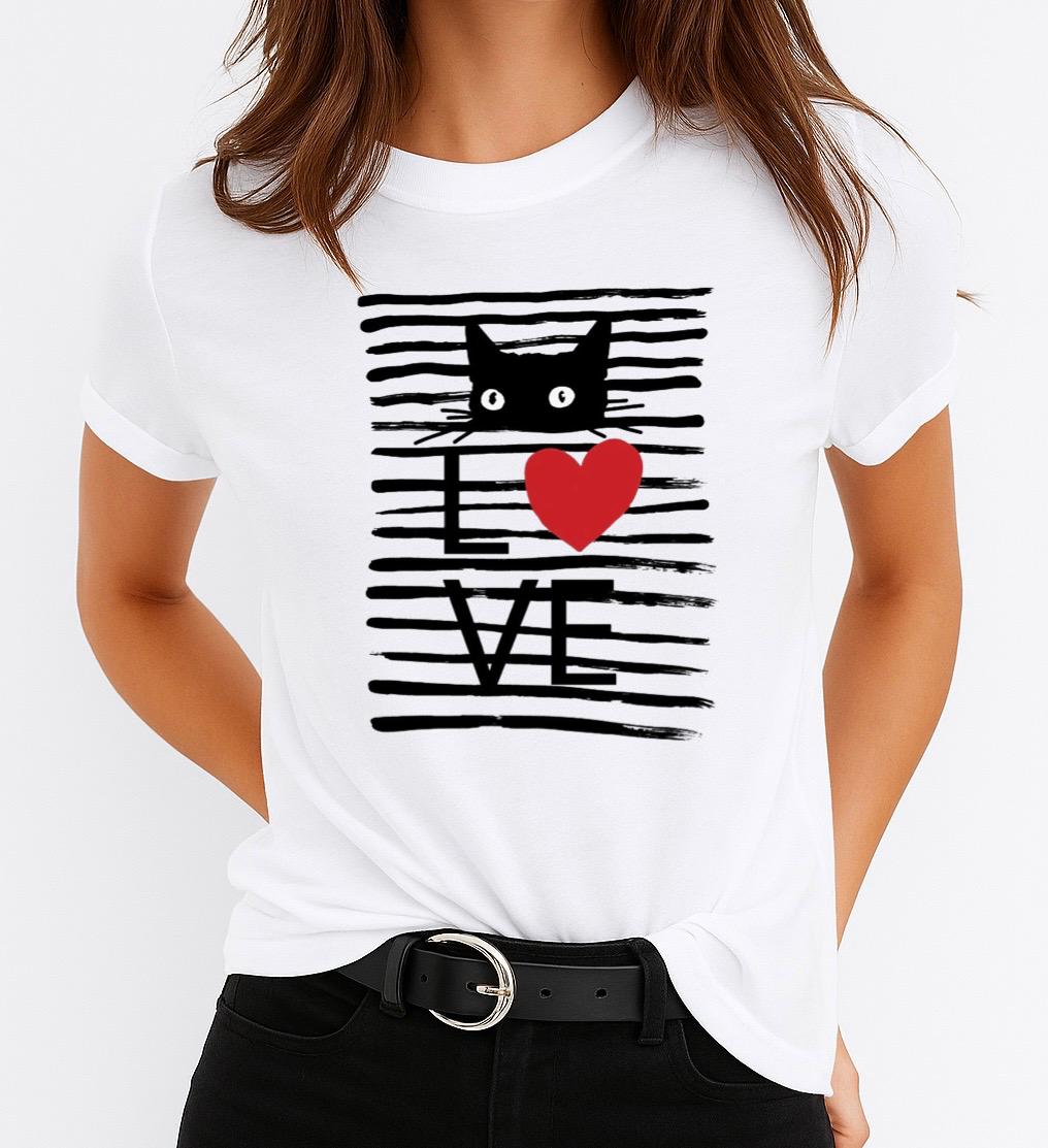 Tricou Alb Dama din Bumbac 100% - Love Cat