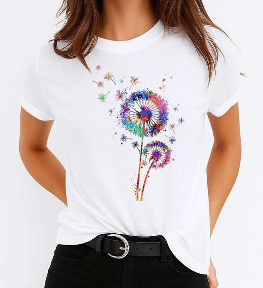 Tricou Alb Dama din Bumbac 100% - 2 Color Flowers