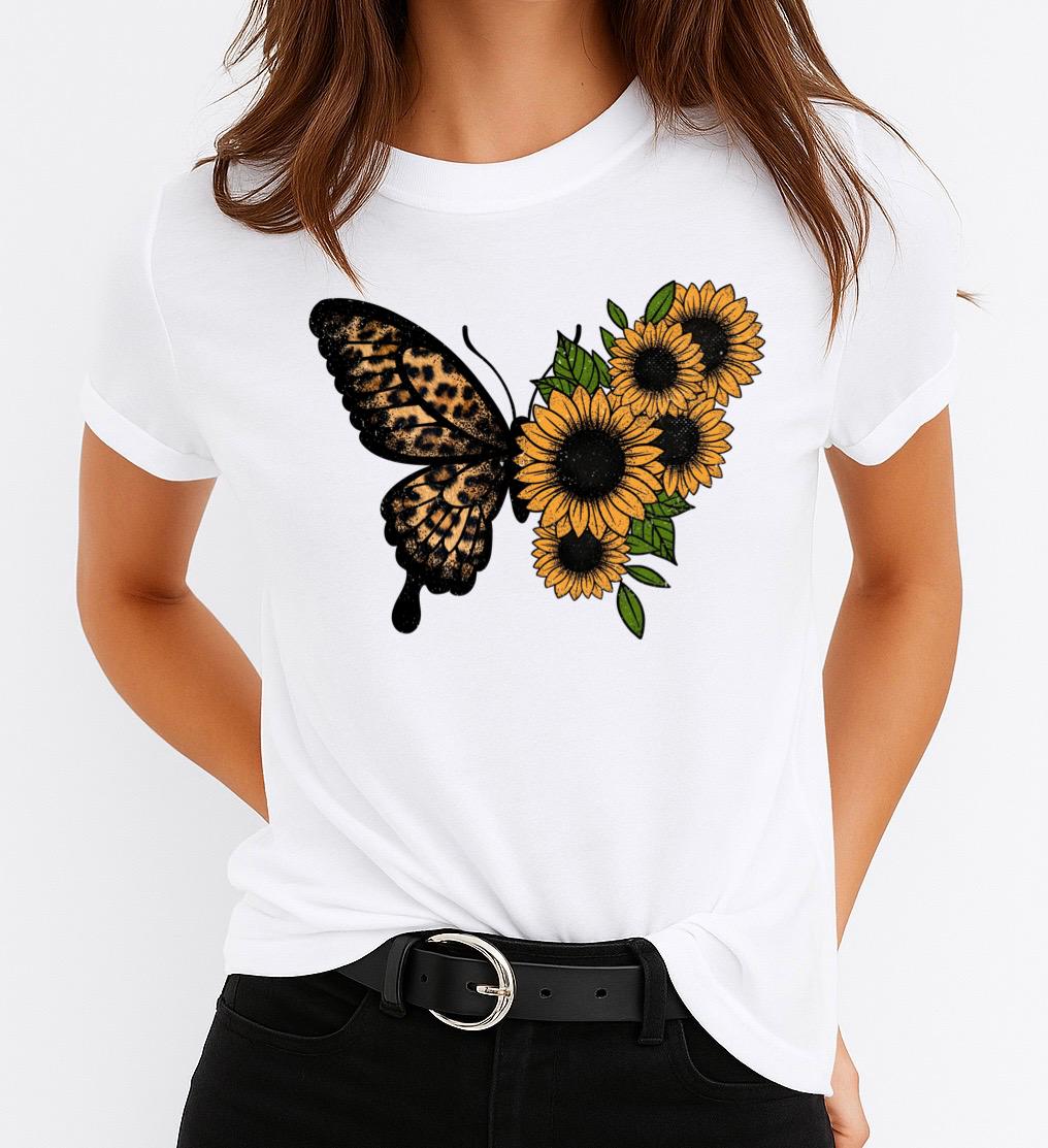 Tricou Alb Dama din Bumbac 100% - Flower and Butterfly 5