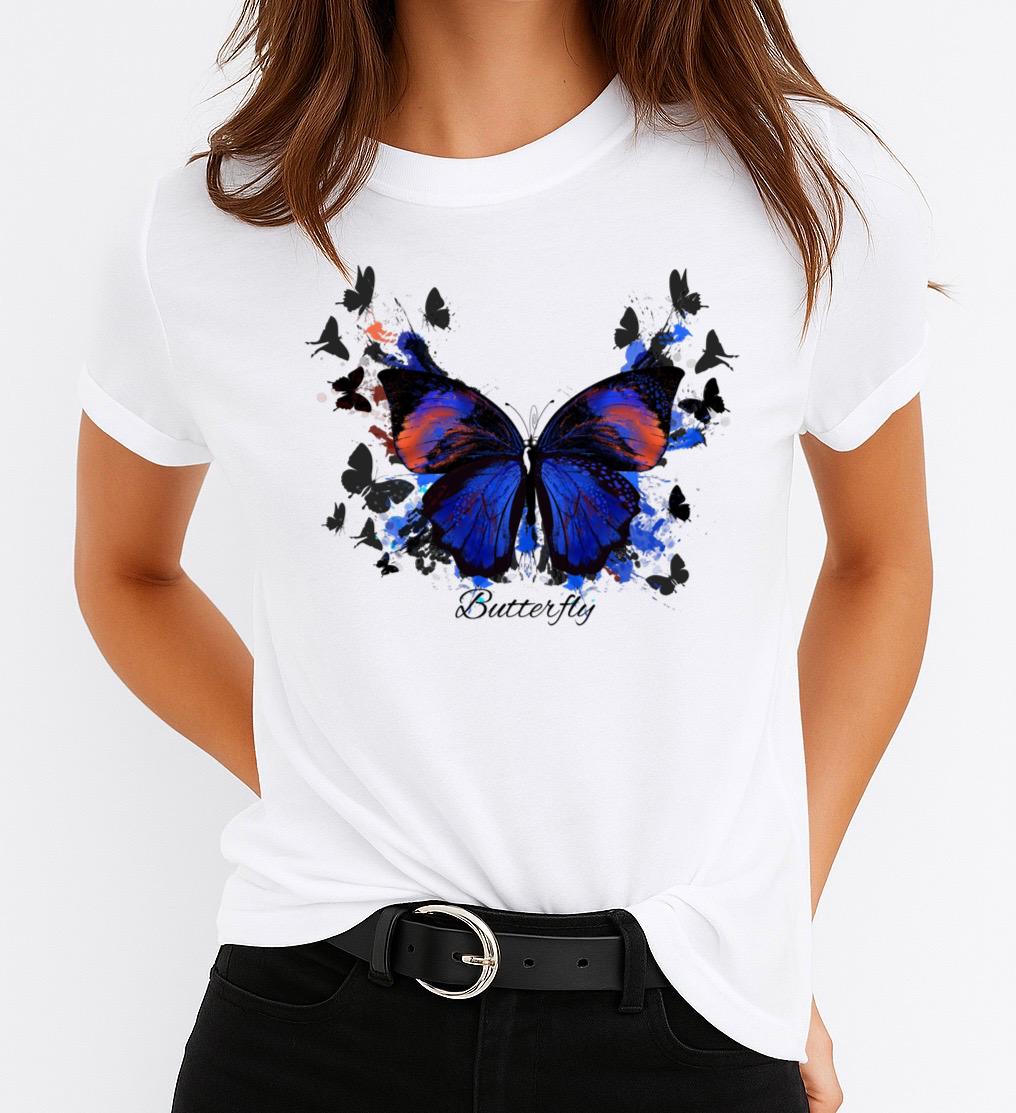 Tricou dama din bumbac 100% Fluture Albastru