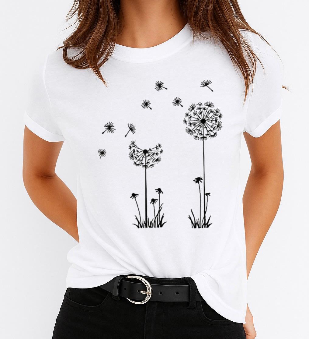 Tricou Alb Dama din Bumbac 100% - 2 Black New Flowers