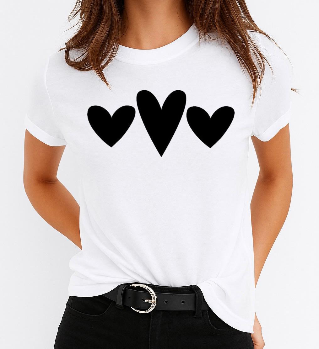Tricou Alb Dama din Bumbac 100% - 3 Black Hearts