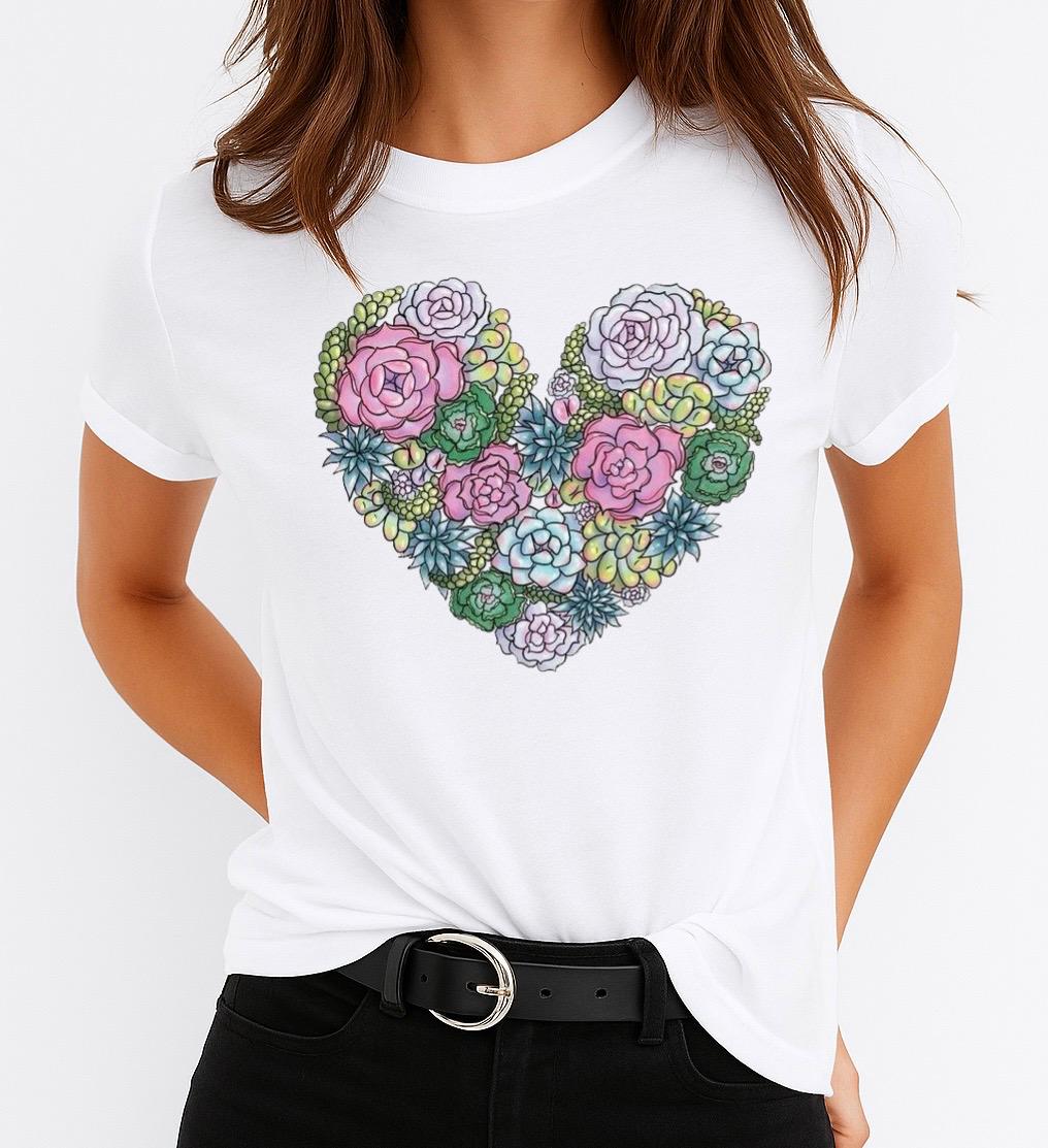 Tricou Alb Dama din Bumbac 100% - Heart Flowers