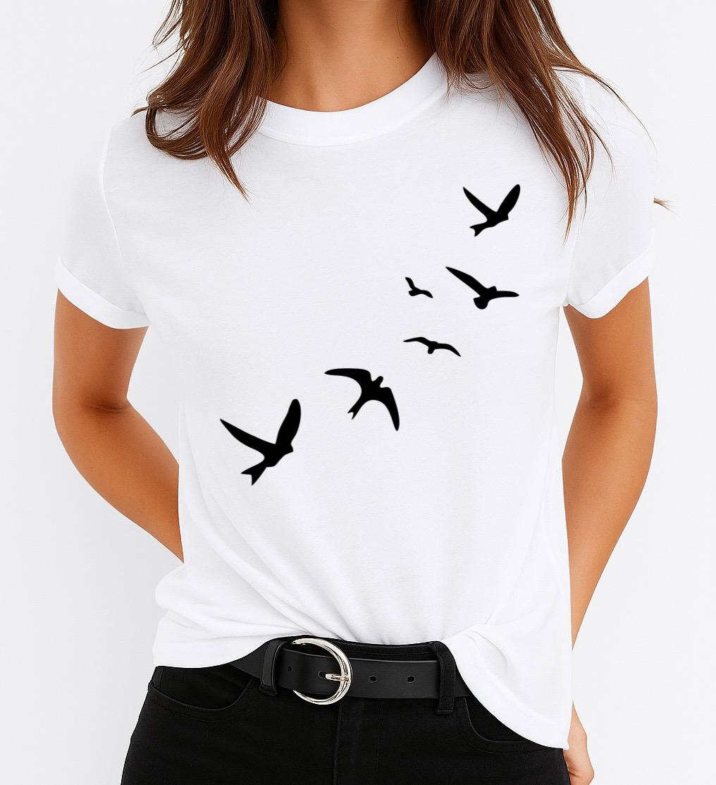 Tricou Alb Dama din Bumbac 100% - 6 Black Butterflies