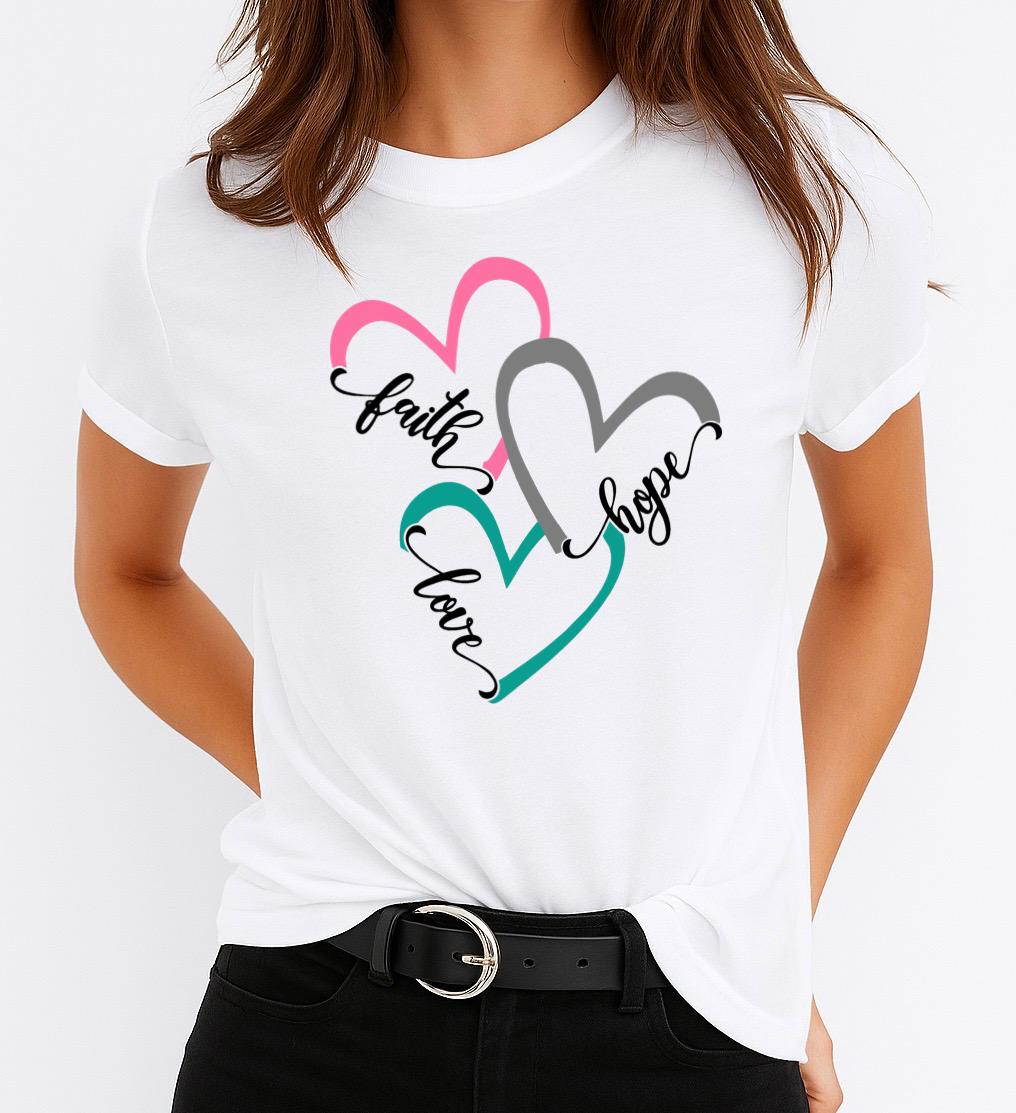 Tricou Alb Dama din Bumbac 100% - Faith Hope Love Heart