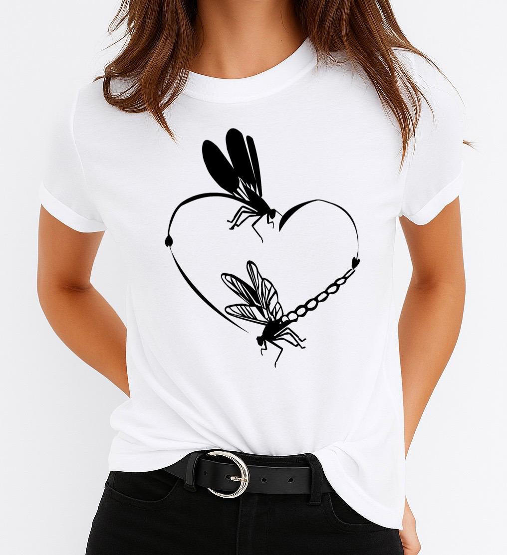 Tricou Alb Dama din Bumbac 100% - Black Heart and Butterfly