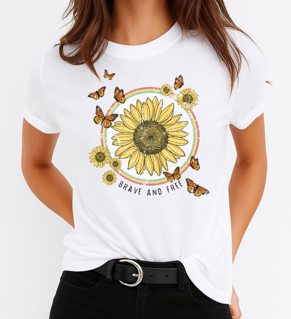 Tricou Alb Dama din Bumbac 100% - Brave and Free