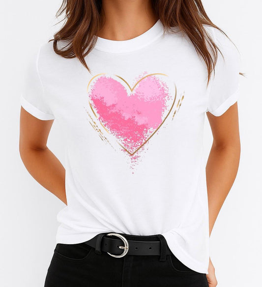 Tricou Alb Dama din Bumbac 100% - Big Pink Heart