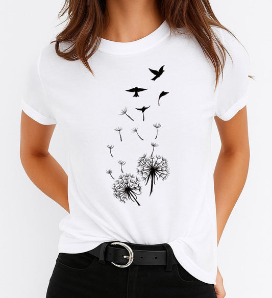 Tricou Alb Dama din Bumbac 100% - 3 Black Flowers
