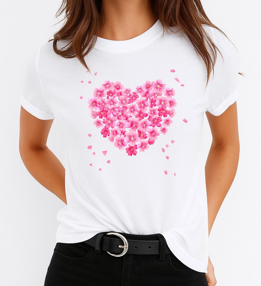 Tricou Alb Dama din Bumbac 100% - Pink Heart 6