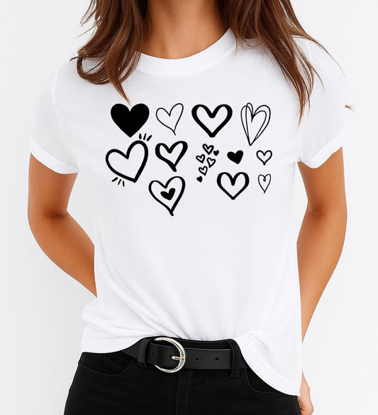 Tricou Alb Dama din Bumbac 100% - Inimioare Negre - MonCherie