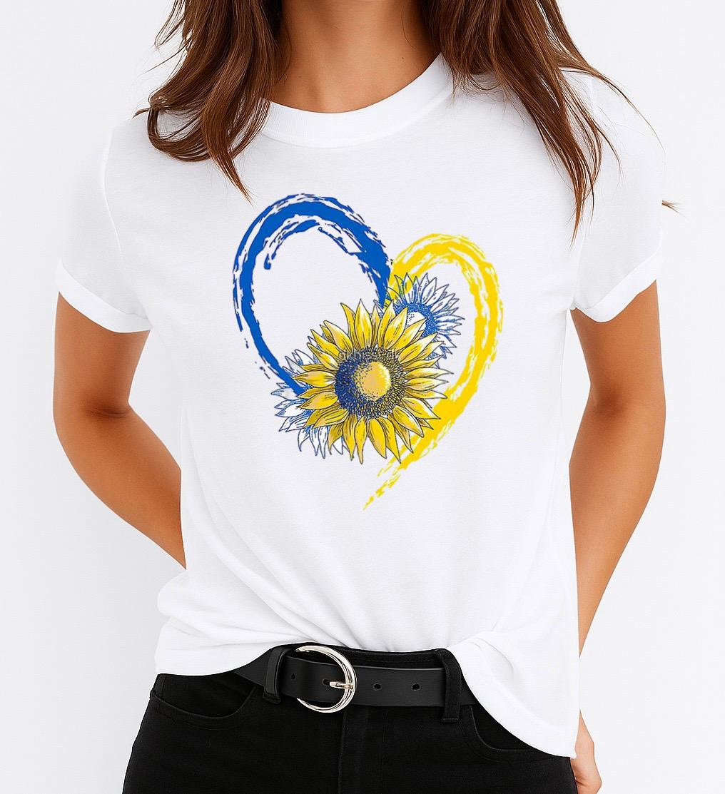 Tricou Alb Dama din Bumbac 100% - Blue Yellow Heart