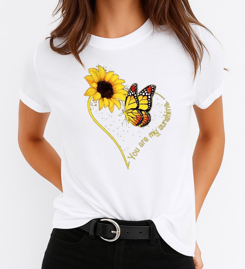 Tricou Alb Dama din Bumbac 100% - Yellow Heart and Butterfly
