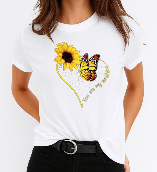 Tricou Alb Dama din Bumbac 100% - Yellow Heart and Butterfly - MonCherie