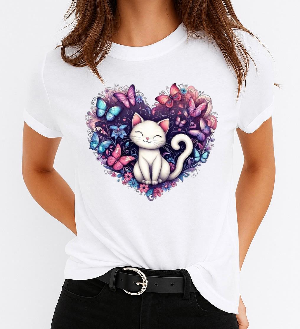 Tricou Alb Dama din Bumbac 100% - Heart Cat