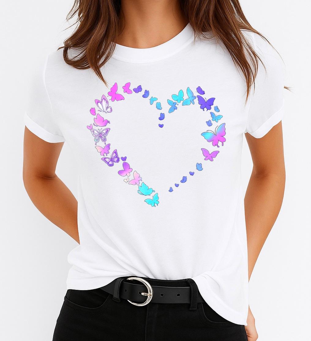 Tricou Alb Dama din Bumbac 100% - Blue Mov Heart