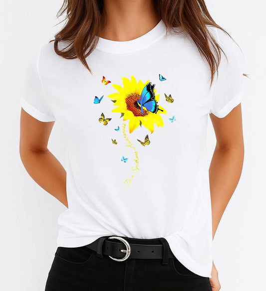 Tricou dama din bumbac 100% Yellow Flower And Blue Butterfly