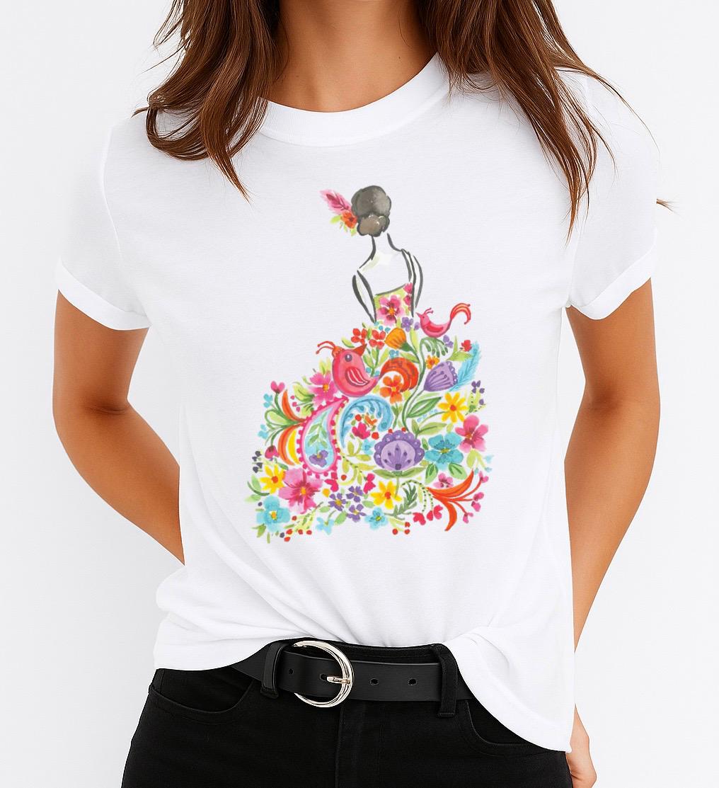 Tricou Alb Dama din Bumbac 100% - Multicolor Dress - MonCherie
