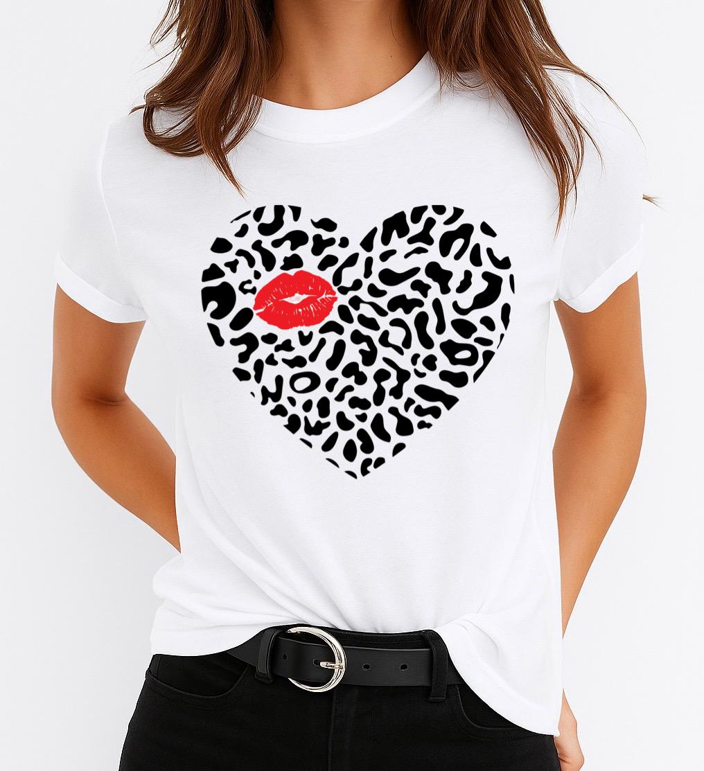 Tricou Alb Dama din Bumbac 100% - Red Kiss Black Heart - MonCherie