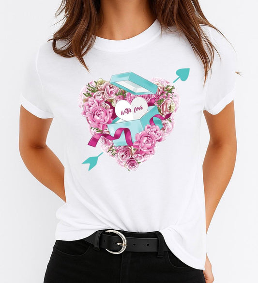 Tricou Alb Dama din Bumbac 100% - Pink Love 6 - MonCherie