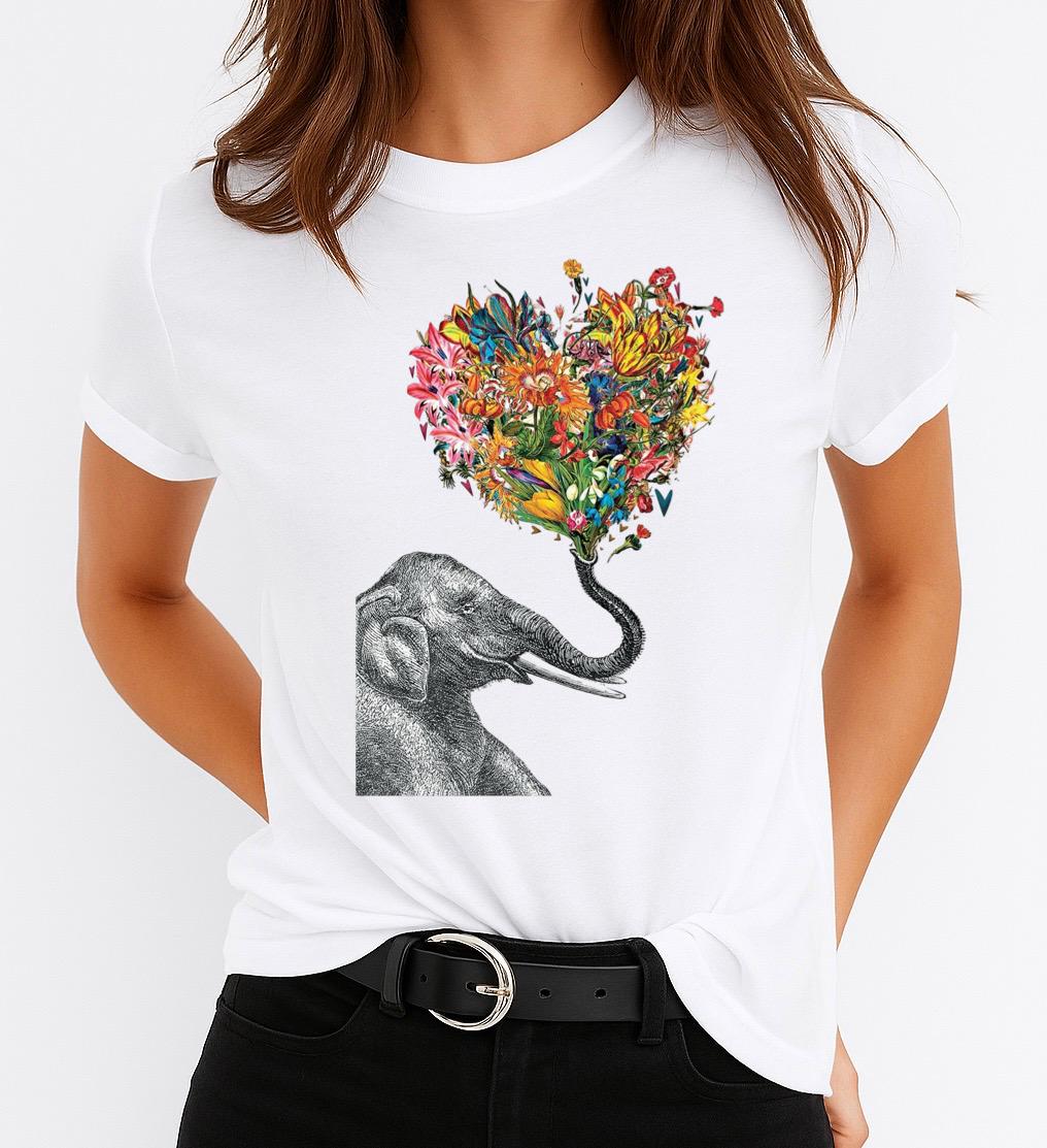 Tricou Alb Dama din Bumbac 100% - Elephant Love - MonCherie