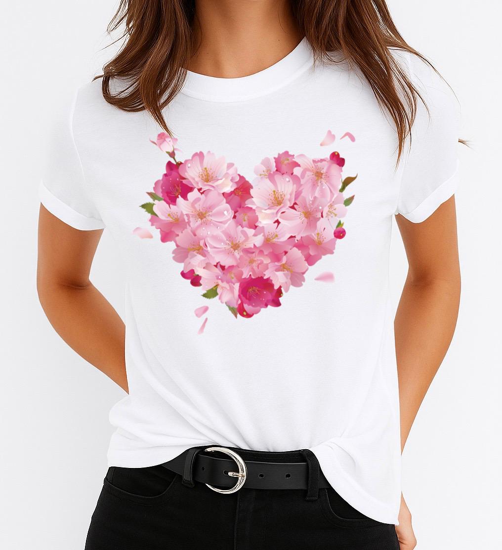 Tricou Alb Dama din Bumbac 100% - Pink Heart 2 - MonCherie