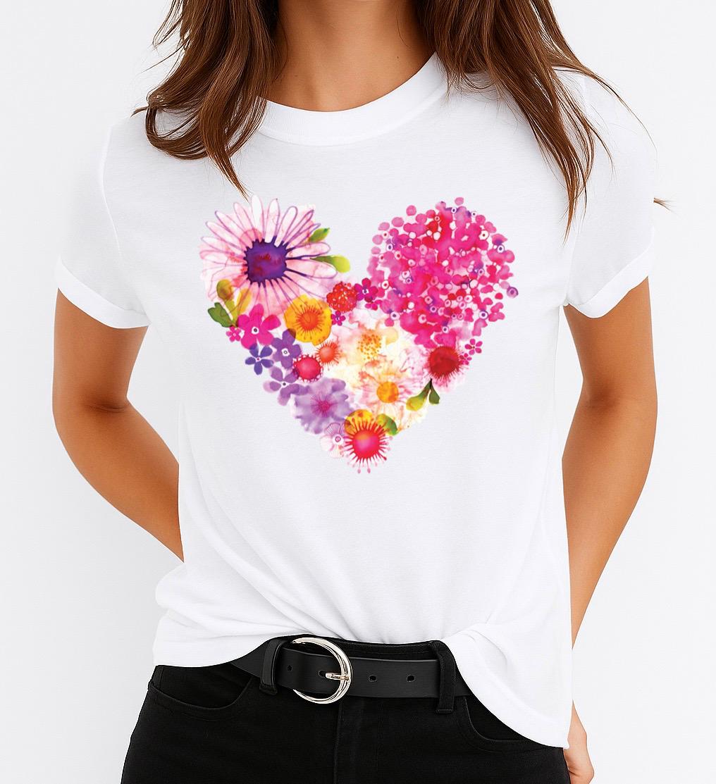 Tricou Alb Dama din Bumbac 100% - Pink Heart 4