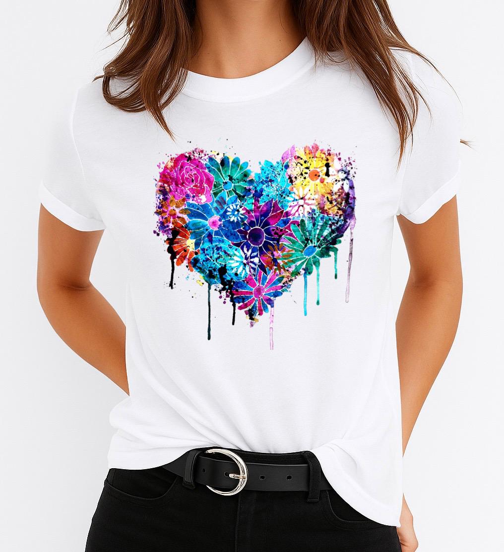 Tricou Alb Dama din Bumbac 100% - Heart Multicolor - MonCherie