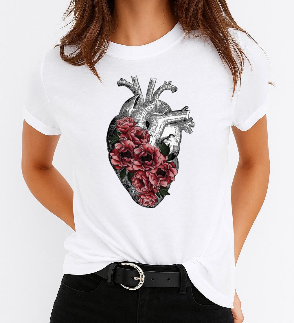 Tricou Alb Dama din Bumbac 100% - Heart of Flowers - MonCherie
